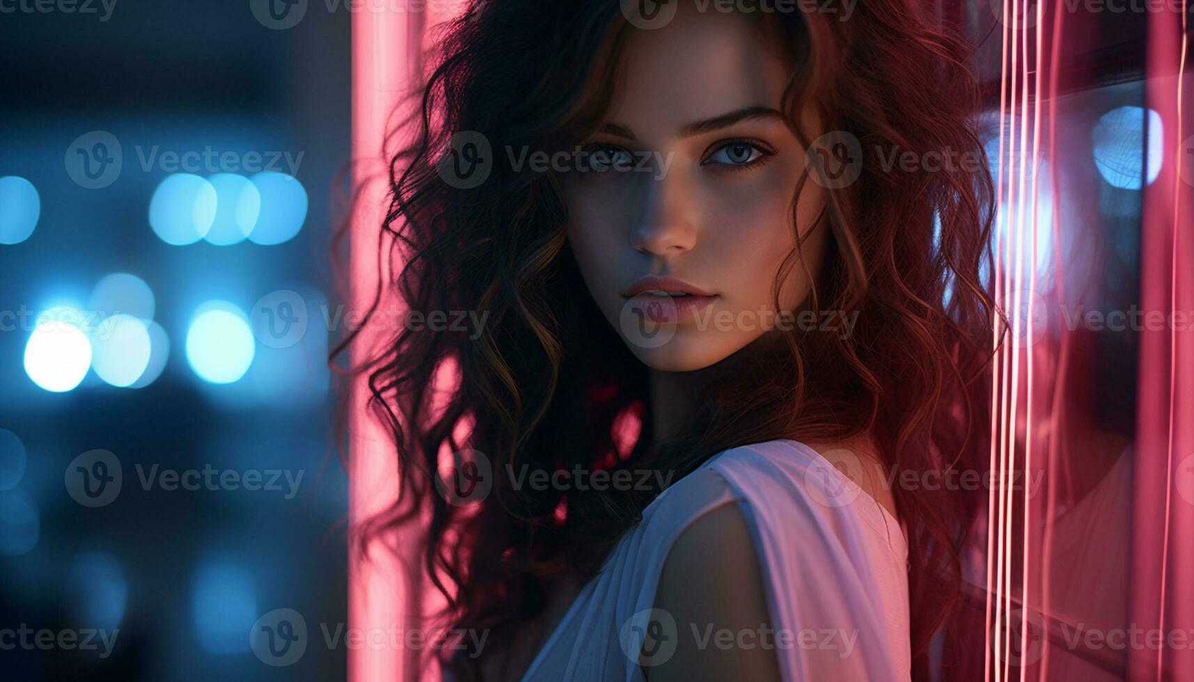 AI generated Beautiful young woman with long brown hair looking at camera generated by AI photo