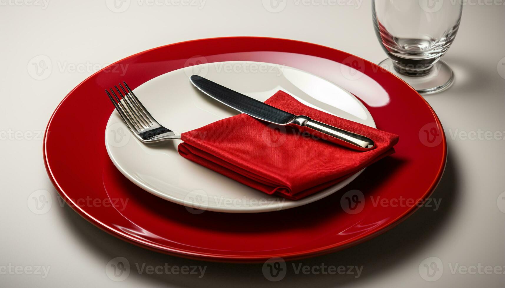 AI generated Elegant table setting with silverware, crockery, and shiny glass generated by AI photo