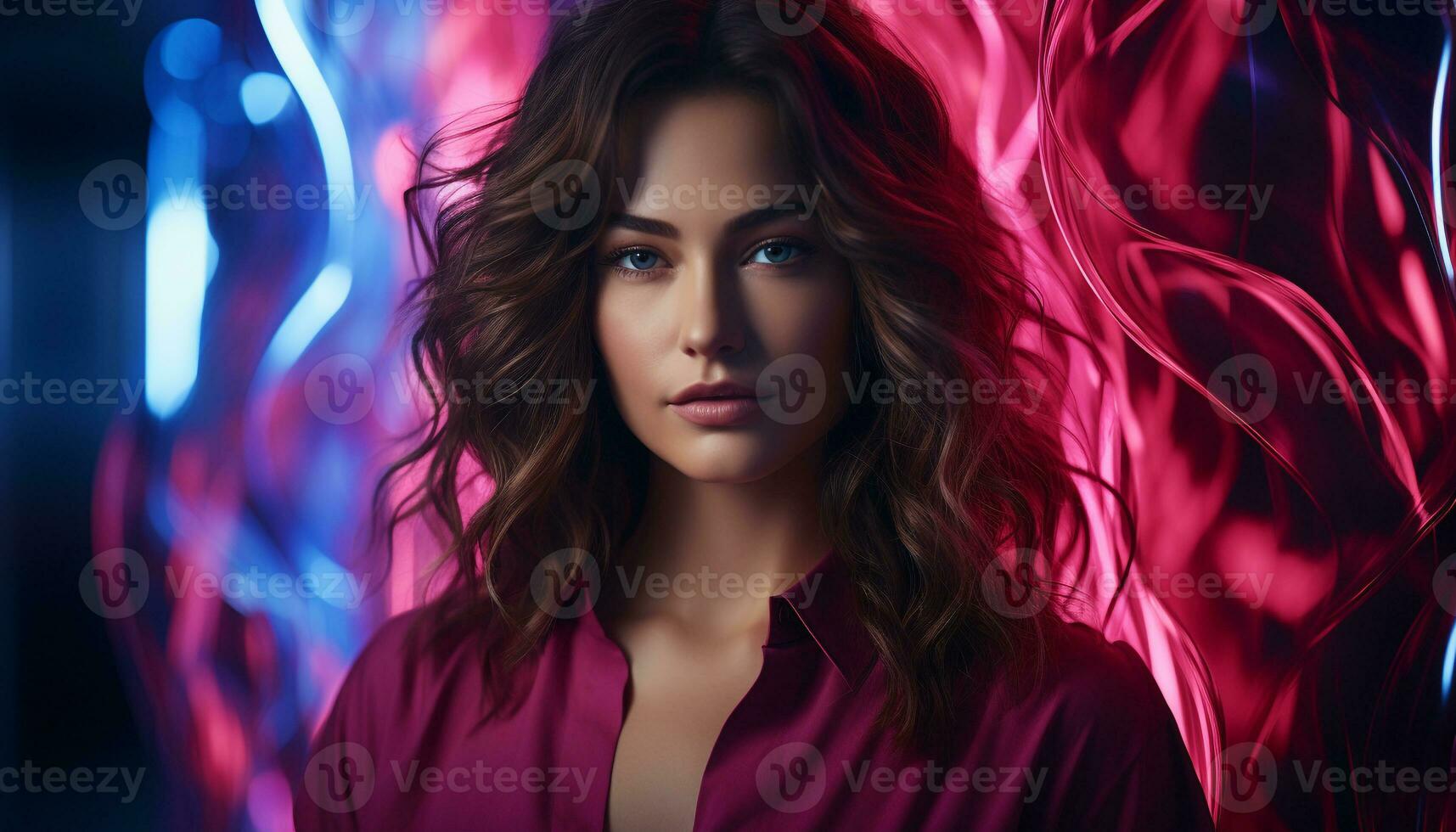 AI generated A beautiful young woman with long brown hair, looking confidently at the camera in a fashionable studio shot generated by AI photo
