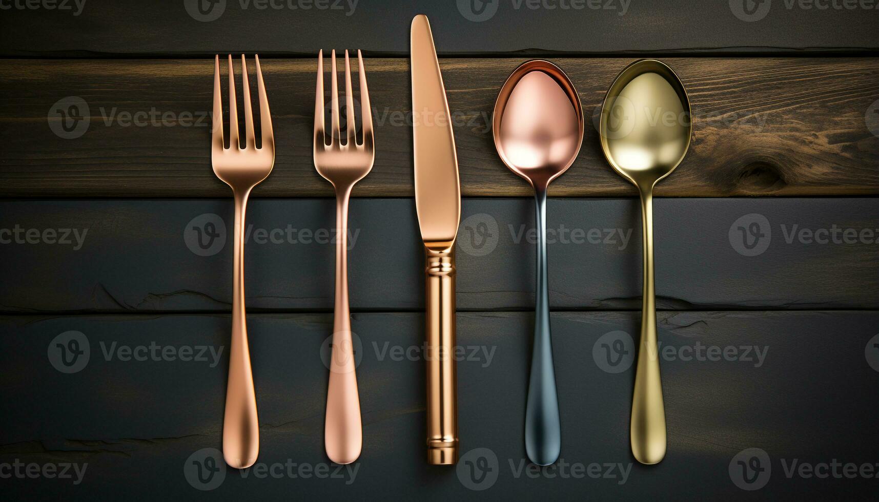 AI generated Shiny silverware and crockery on a clean wooden table generated by AI photo