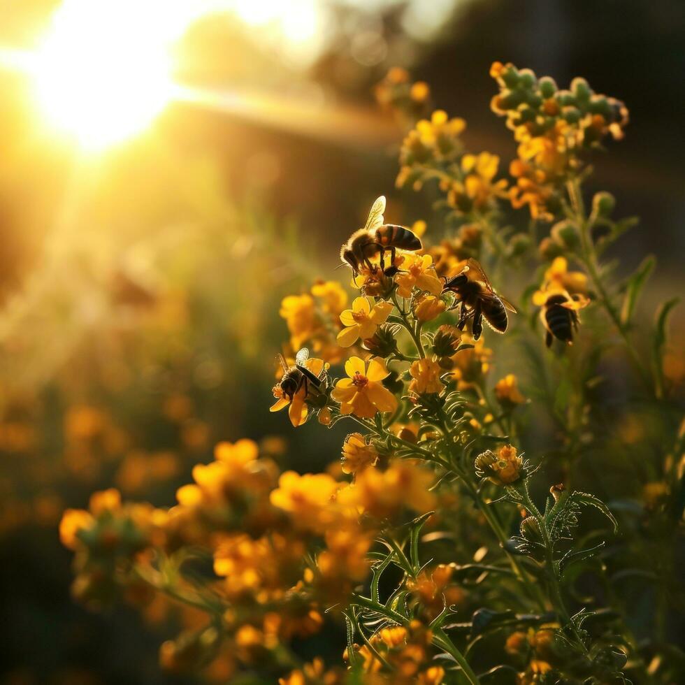 ai generado abejas reunión flores en el Brillo Solar foto