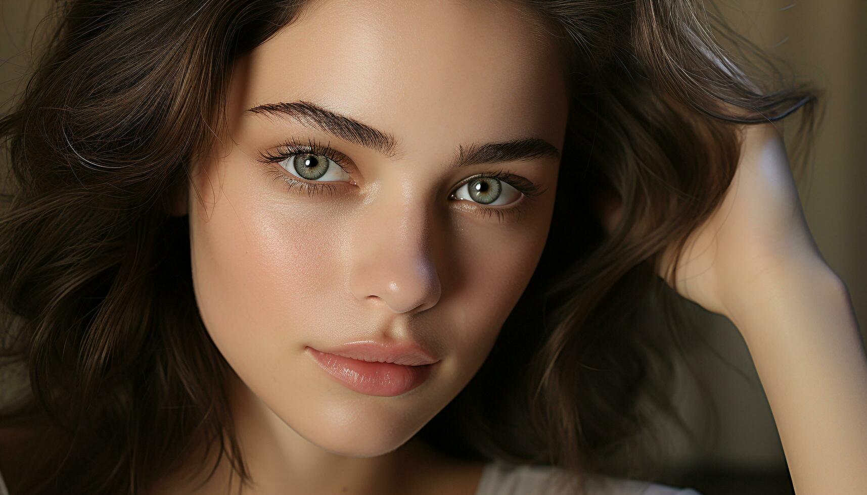 AI generated Young woman with long brown hair looking at camera confidently generated by AI photo