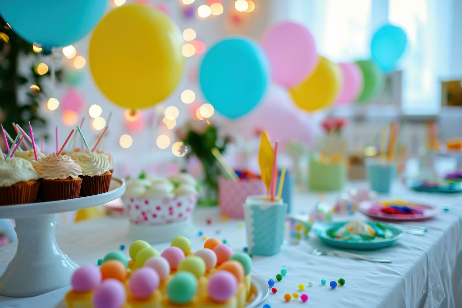AI generated birthday party decoration on the table photo