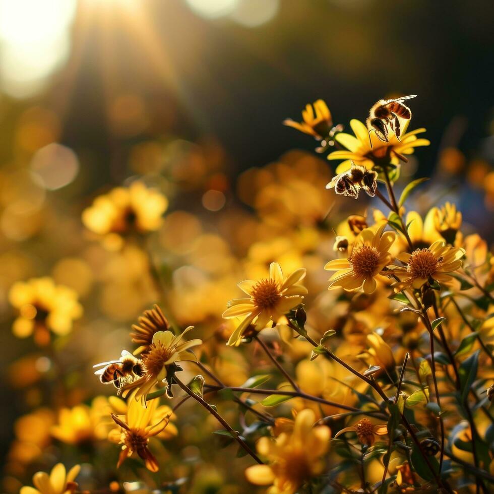 AI generated bees gathering flowers in the sunshine photo