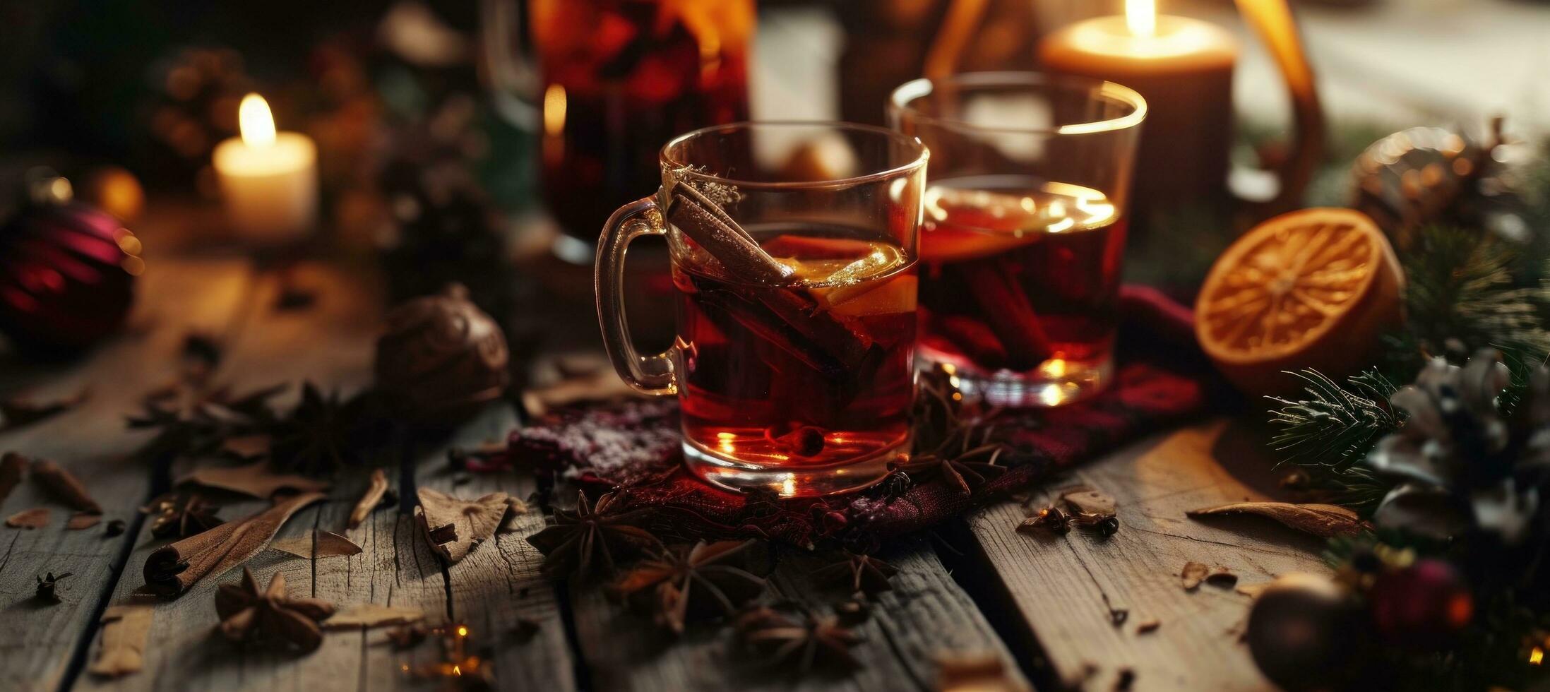 AI generated christmas mulled wine with christmas foliage on a wooden table and christmas cloth photo