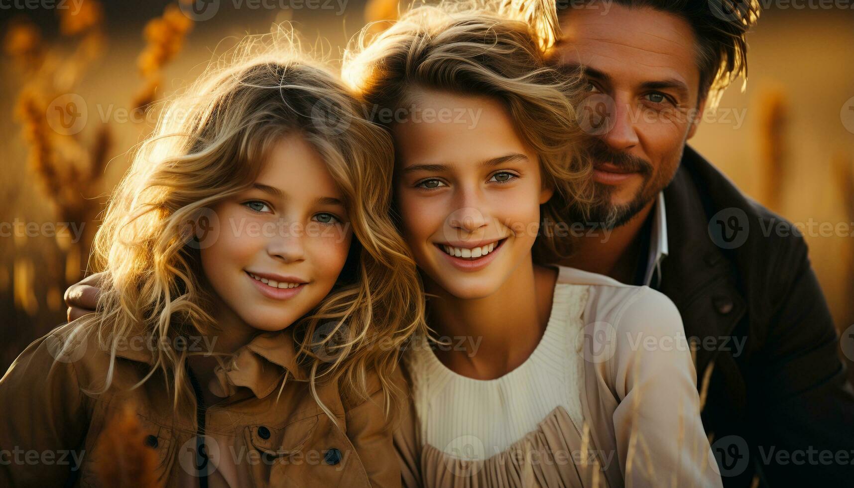 AI generated A happy family enjoying nature, smiling and looking at camera generated by AI photo