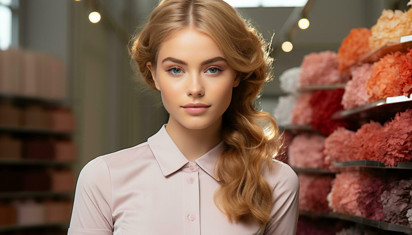 AI generated Young woman smiling, holding a gift, shopping in a store generated by AI photo