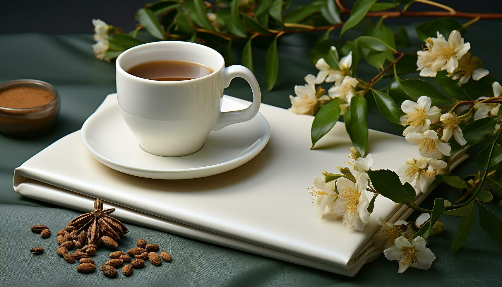 ai generado Fresco café taza en de madera mesa, rodeado por flores y naturaleza generado por ai foto