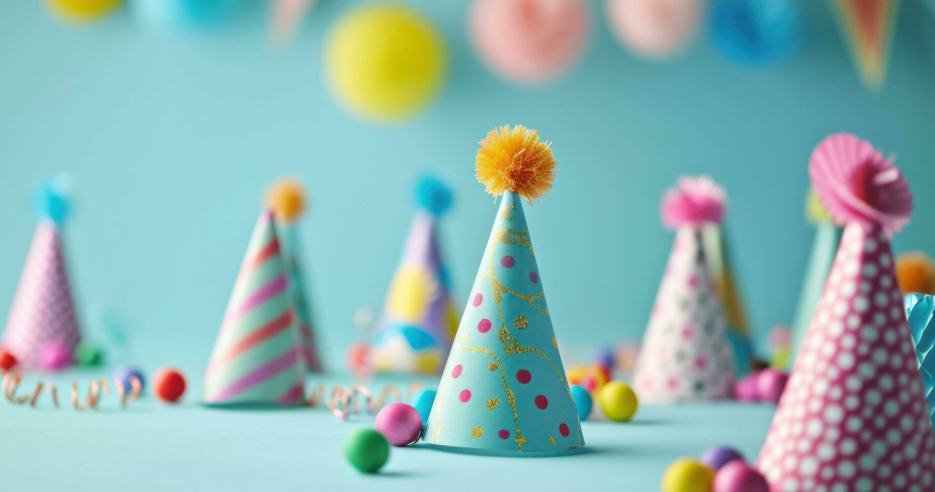AI generated colorful party hats and confetti on blue background photo