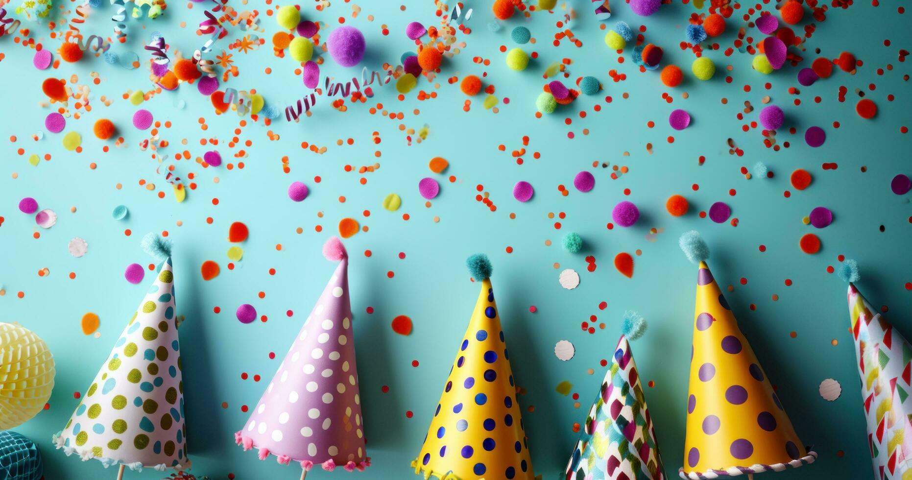 AI generated colorful party hats and confetti on blue background photo