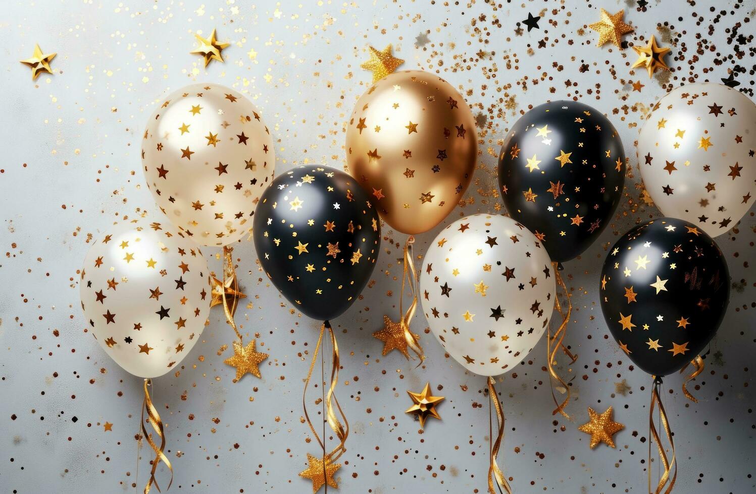 AI generated colourful balloons with shiny stars and gold and black stripes photo