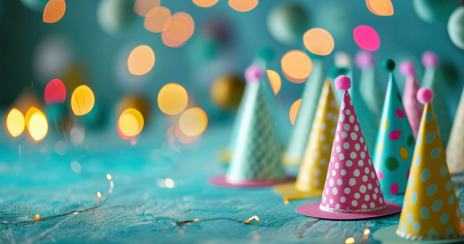 AI generated colorful party hats and confetti on blue background photo