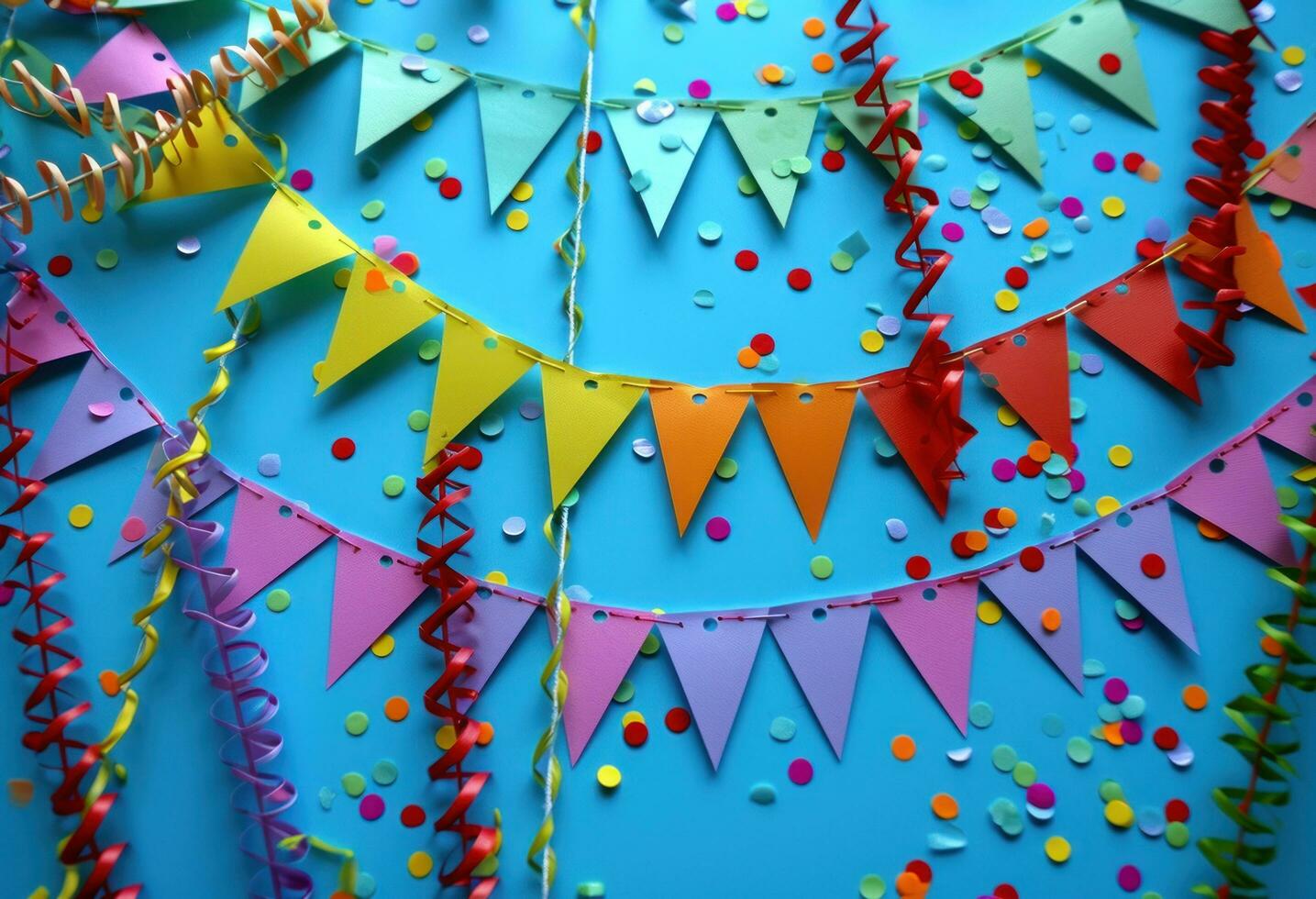 AI generated colorful party paper bunting with confetti on blue photo