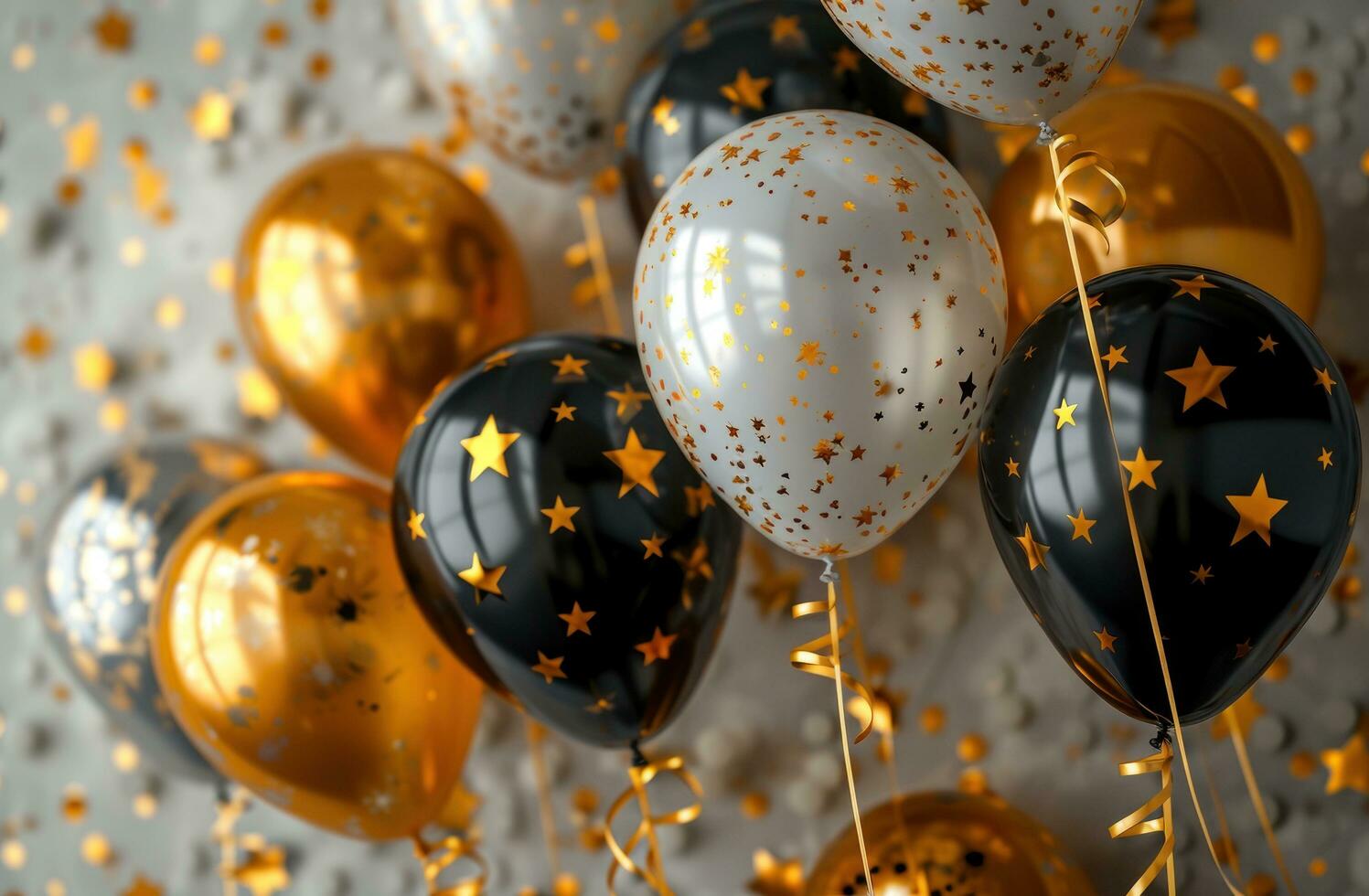 AI generated colourful balloons with shiny stars and gold and black stripes photo