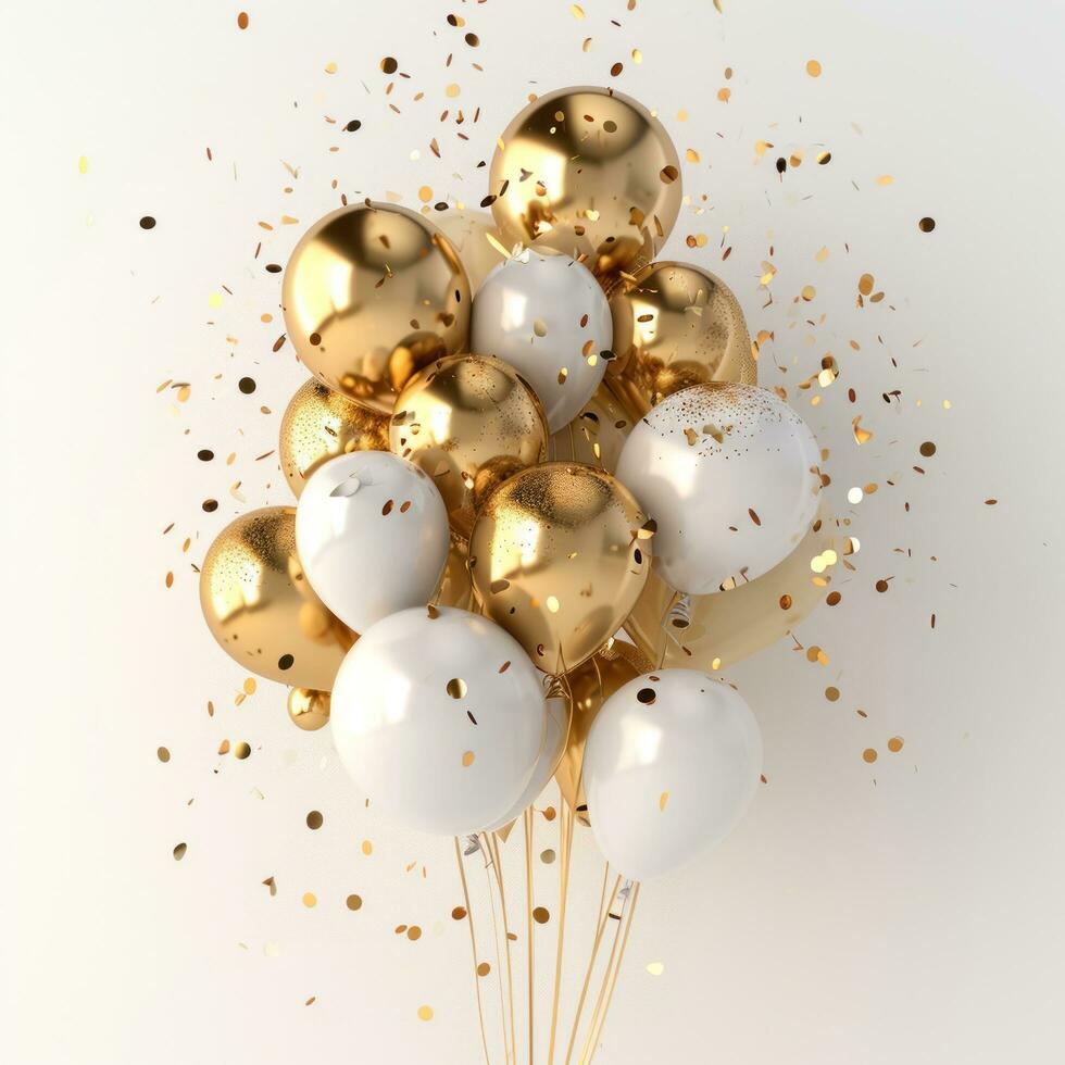 AI generated cream, gold and gold balloons in the centre of the white background photo