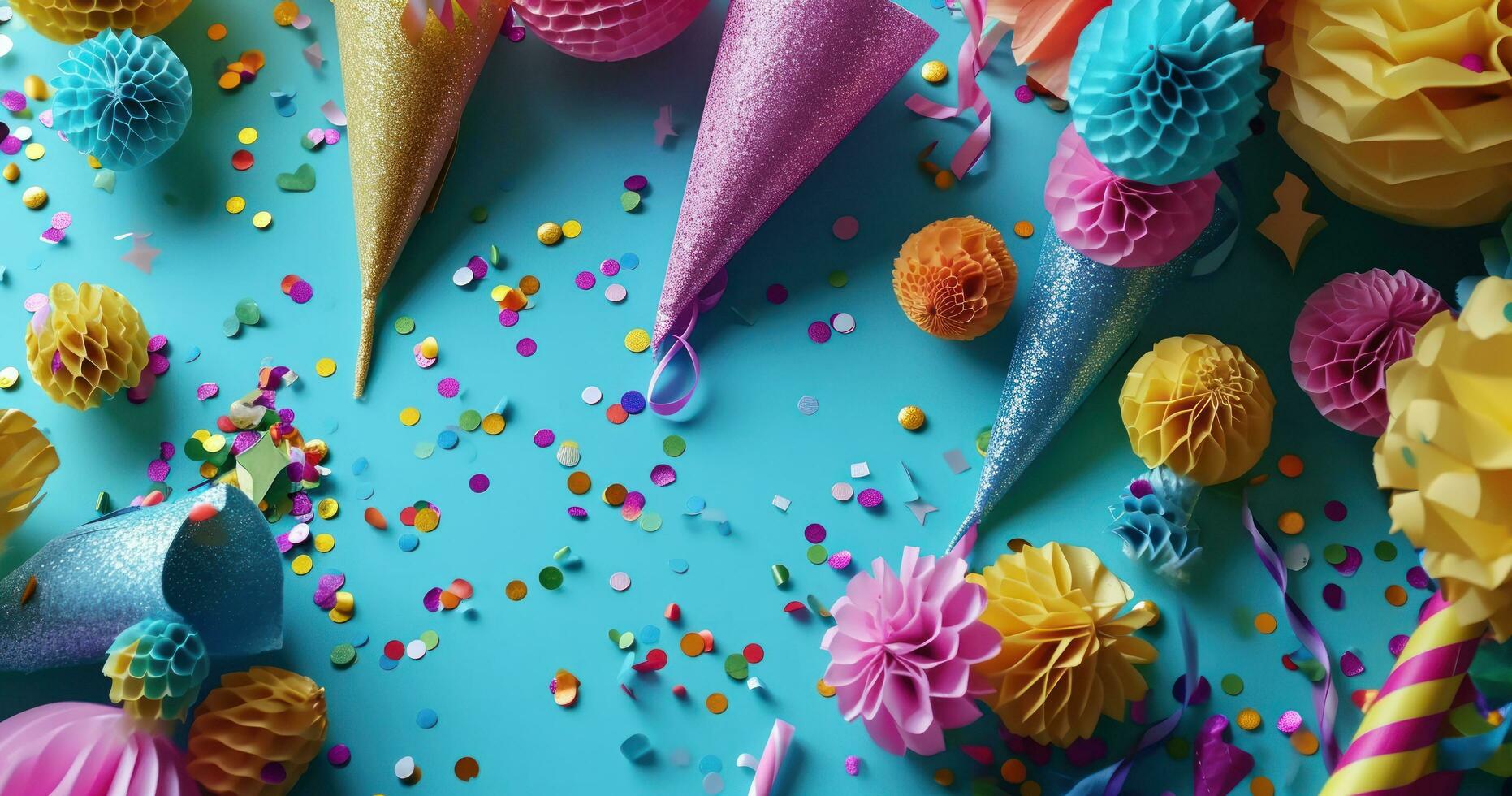 ai generado vistoso fiesta sombreros y papel picado en azul antecedentes foto