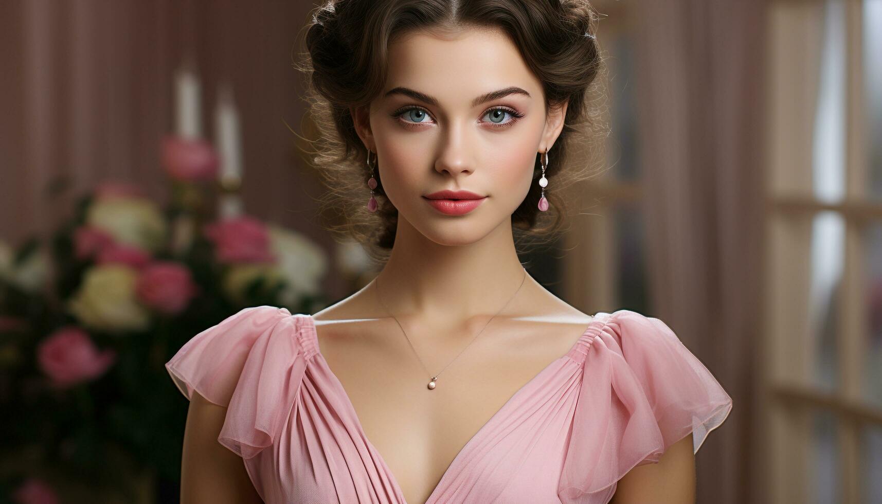 AI generated Beautiful woman with curly hair in pink dress, looking at camera generated by AI photo