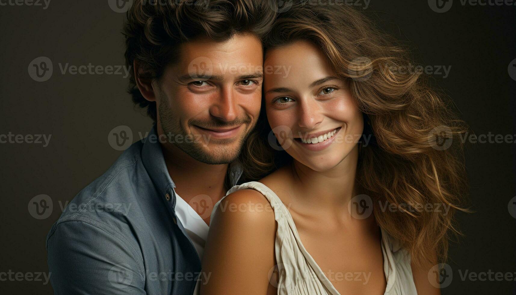 AI generated Smiling young couple in love, embracing, looking at camera generated by AI photo