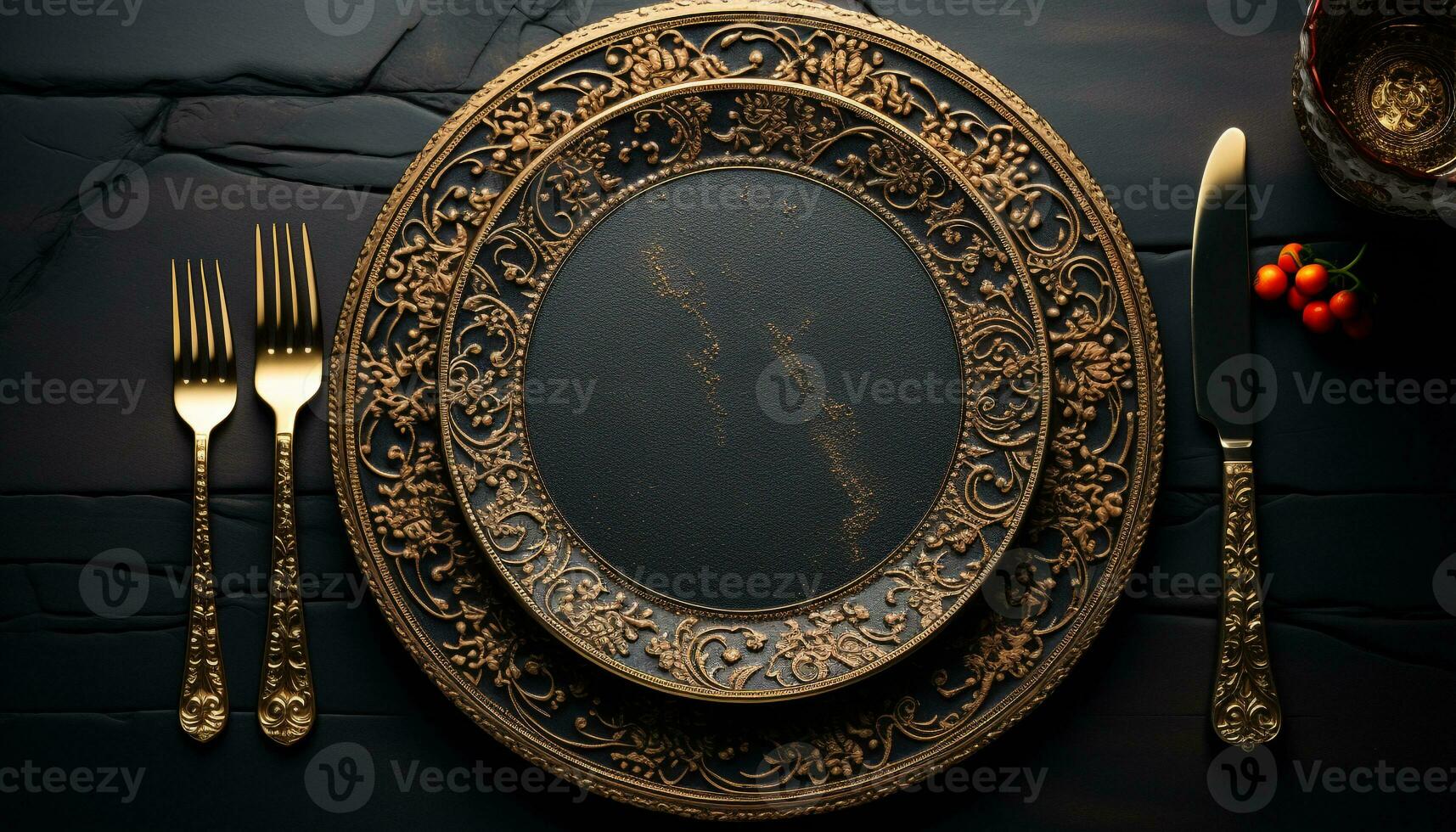 AI generated Luxury gold plate with ornate antique design on elegant background generated by AI photo