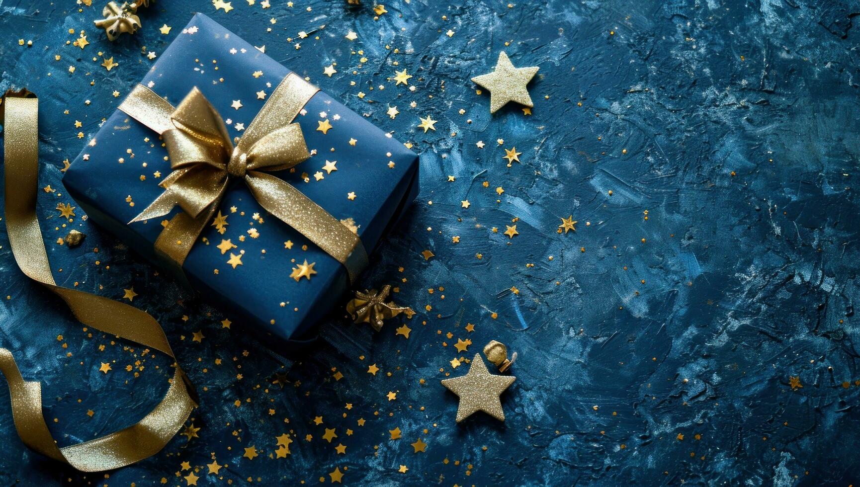 AI generated gift with gold star and ribbon on blue background photo