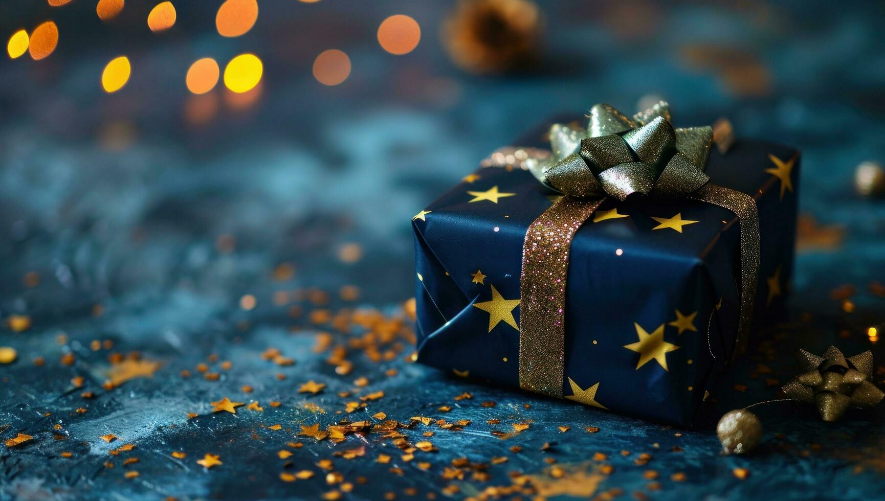 AI generated gift with gold star and ribbon on blue background photo