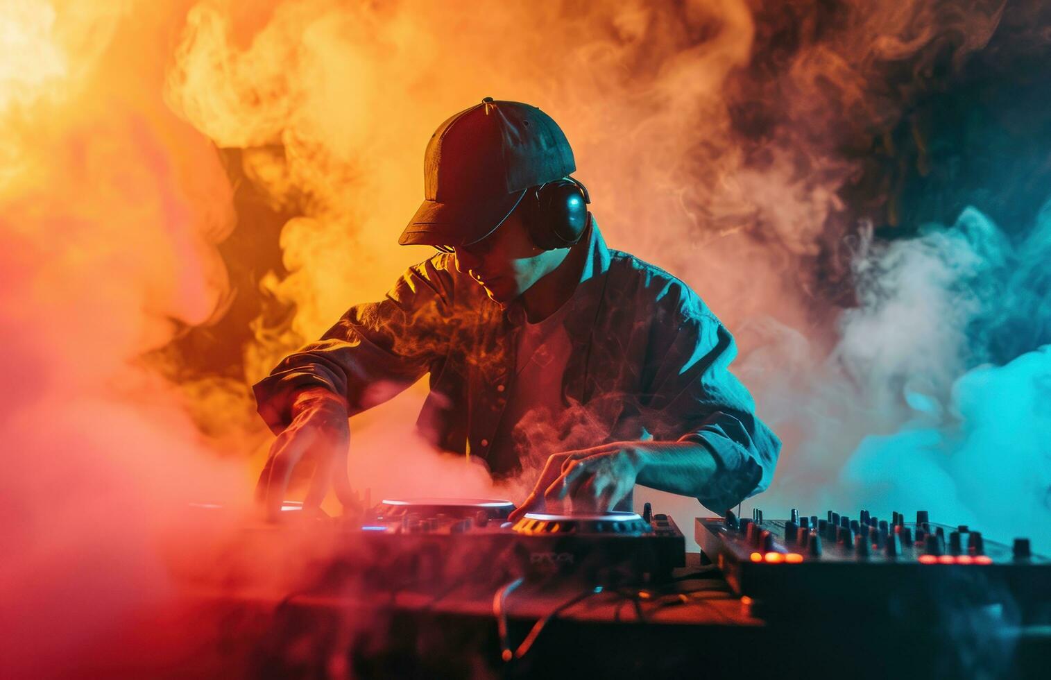 AI generated dj in smoke by neon light photo