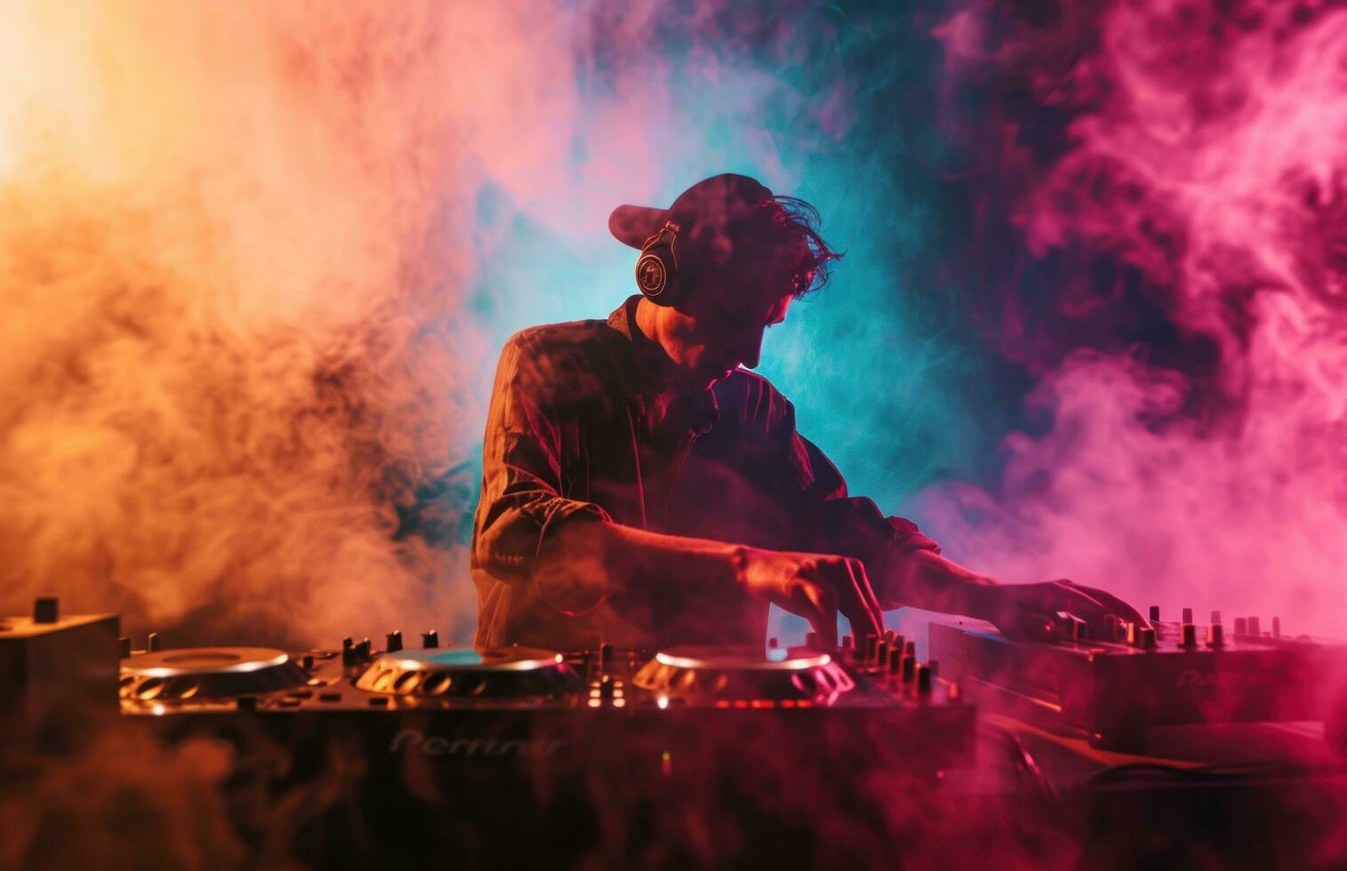 AI generated dj in smoke by neon light photo
