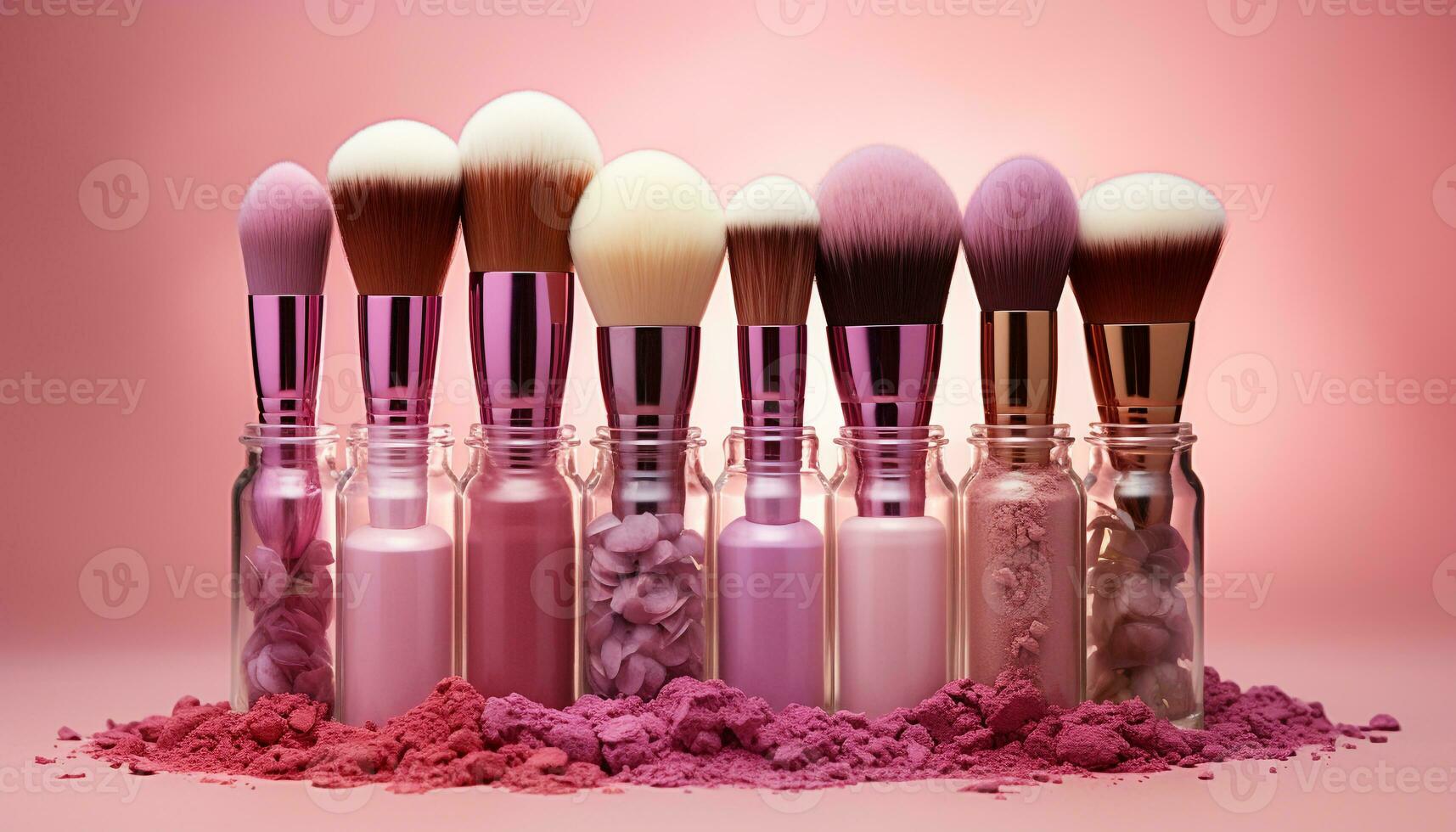 AI generated A glamorous collection of beauty products in pink and purple generated by AI photo