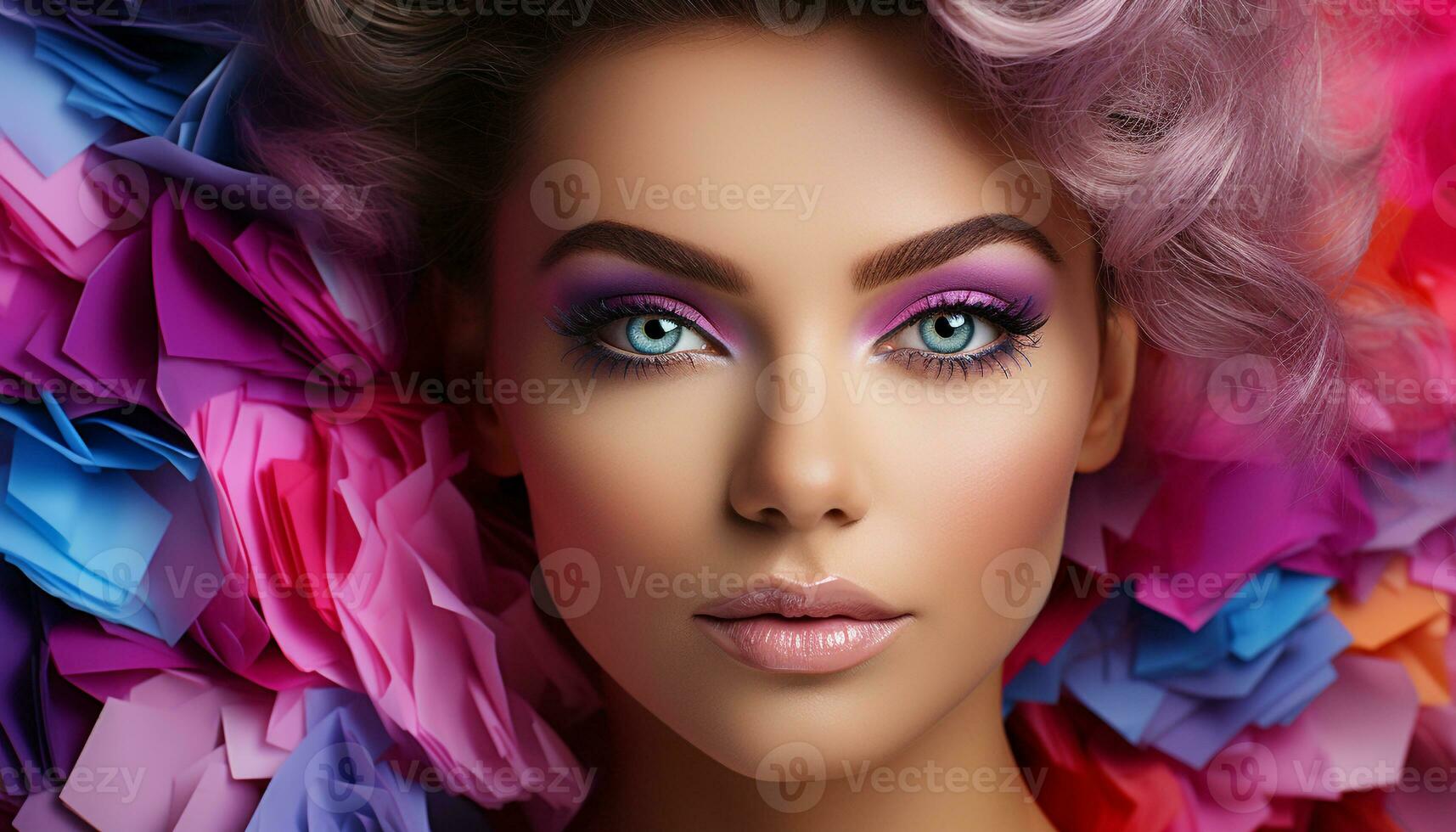 AI generated Beautiful young woman with vibrant purple hair and stunning blue eyes generated by AI photo