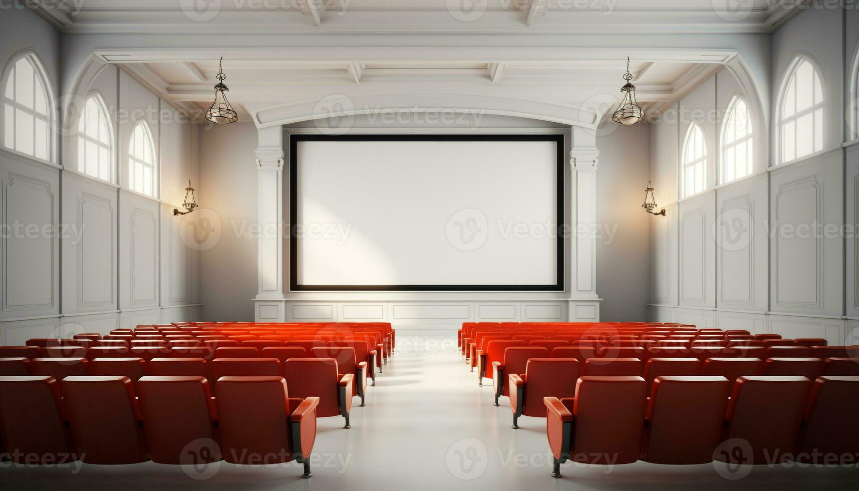 AI generated Empty auditorium with rows of comfortable seats and stage lighting generated by AI photo