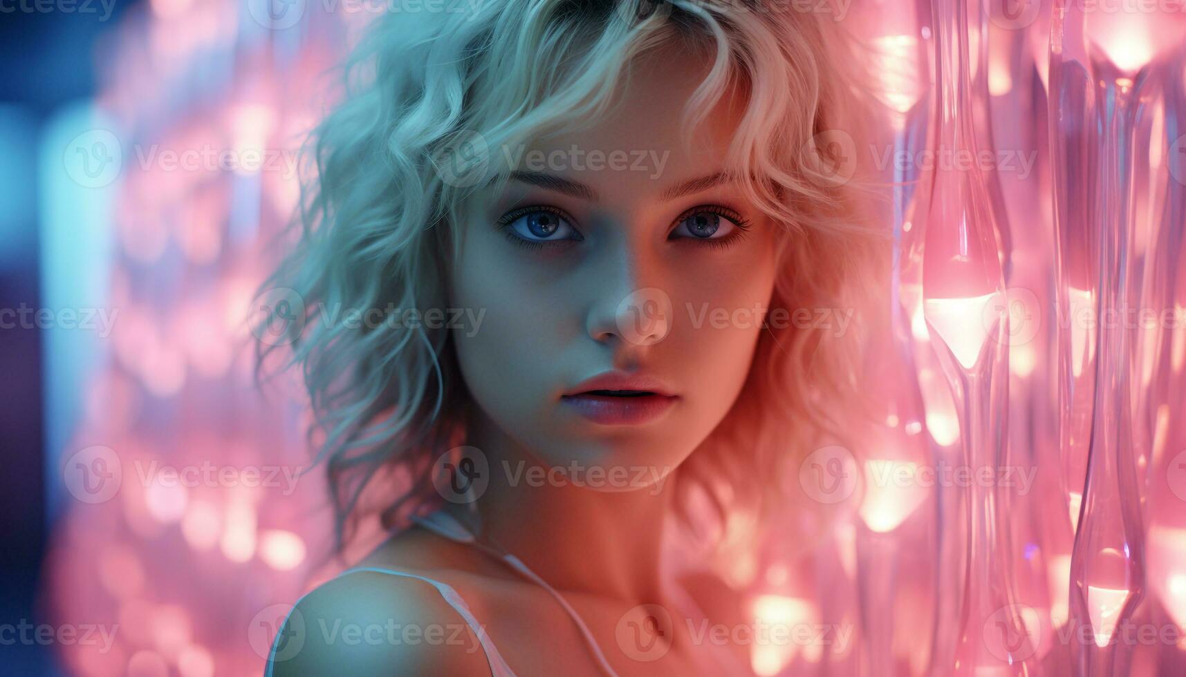 AI generated Beautiful woman with blond hair looking at camera in nightclub generated by AI photo