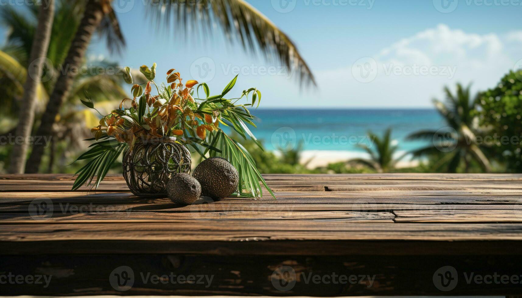 AI generated Tropical palm tree, blue coastline, relaxation, coconut water, tranquil scene generated by AI photo