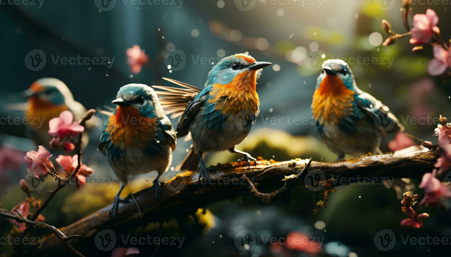 AI generated Small bird perching on branch, vibrant feathers in springtime generated by AI photo