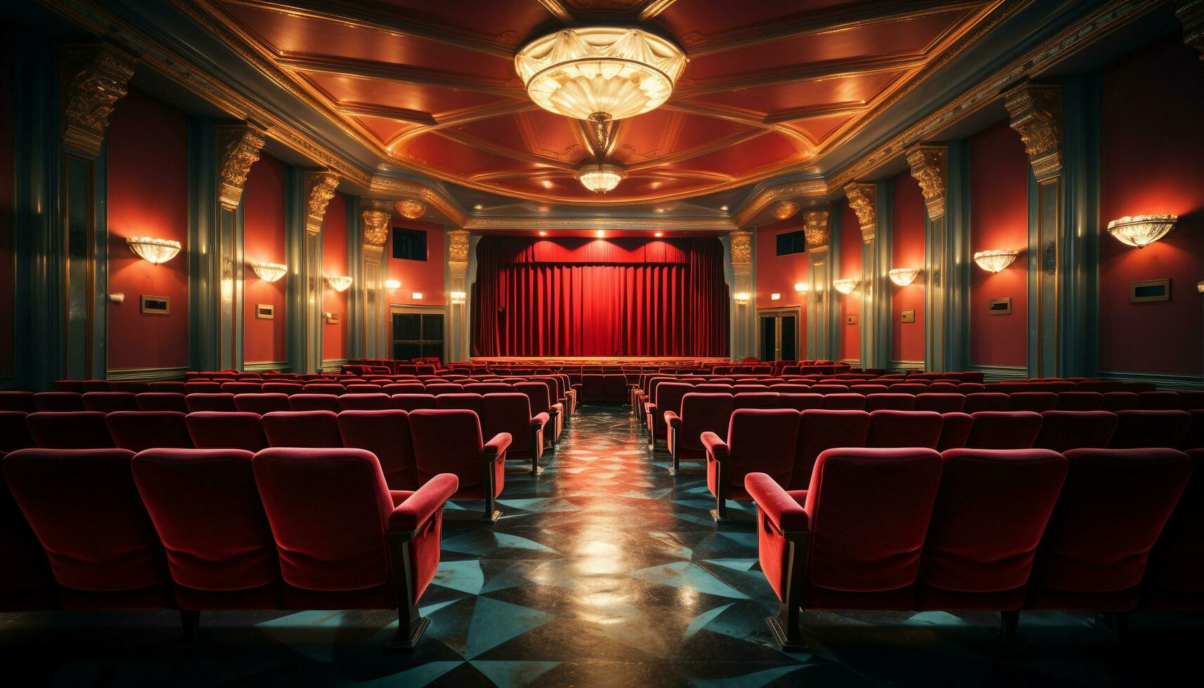 AI generated Empty auditorium with rows of velvet chairs, illuminated by spotlights generated by AI photo
