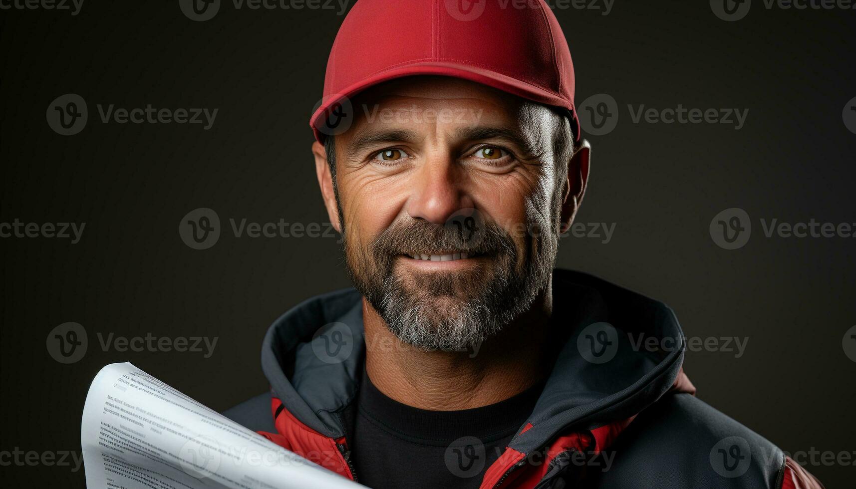 ai generado sonriente hombre con barba exuda confianza y felicidad al aire libre generado por ai foto