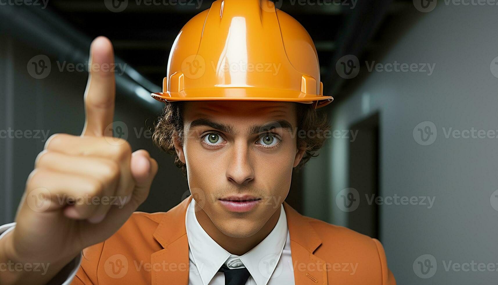 AI generated Confident young adult engineer in hardhat, planning construction site success generated by AI photo