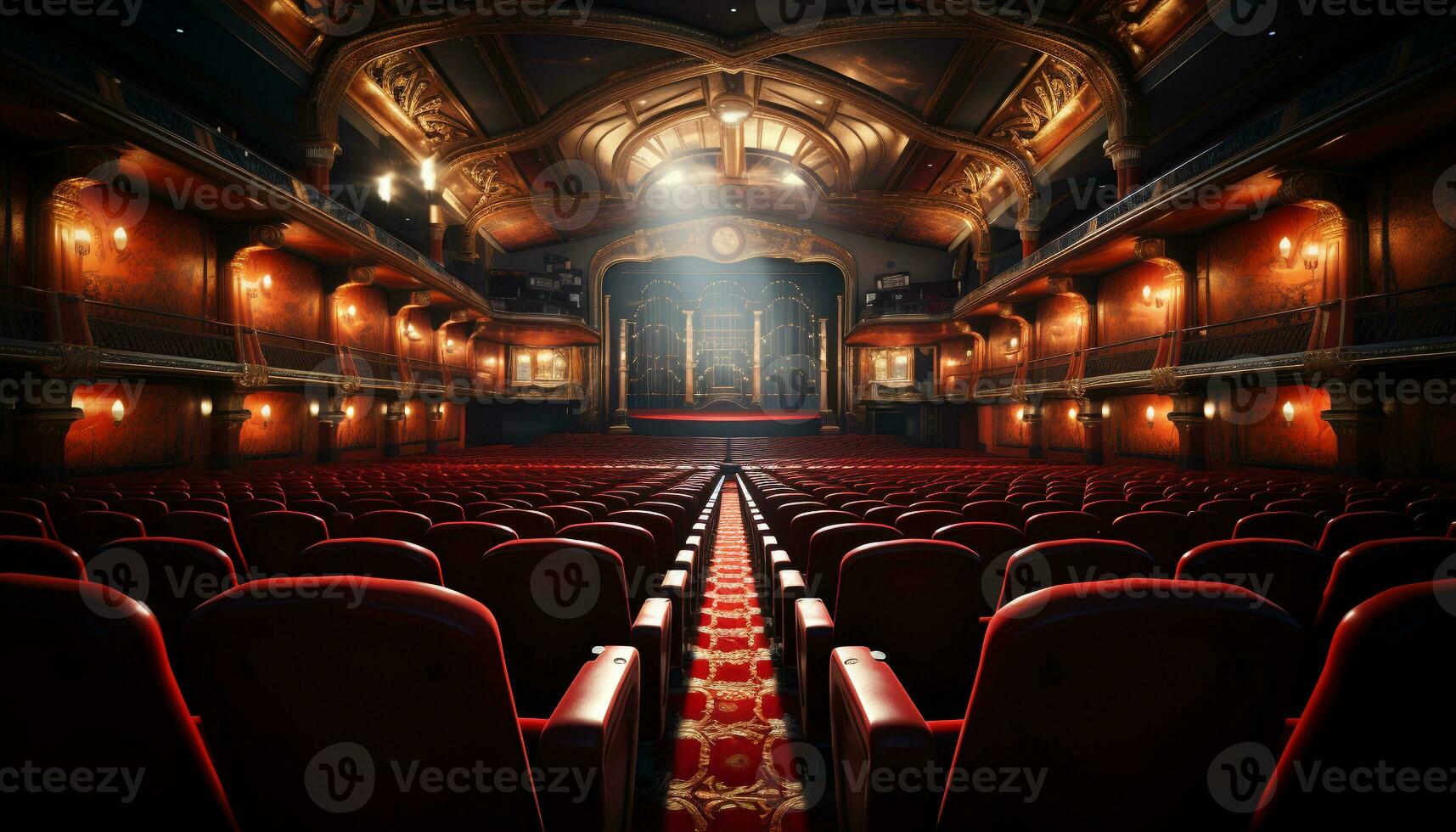 AI generated Empty auditorium with illuminated stage and comfortable seats in rows generated by AI photo