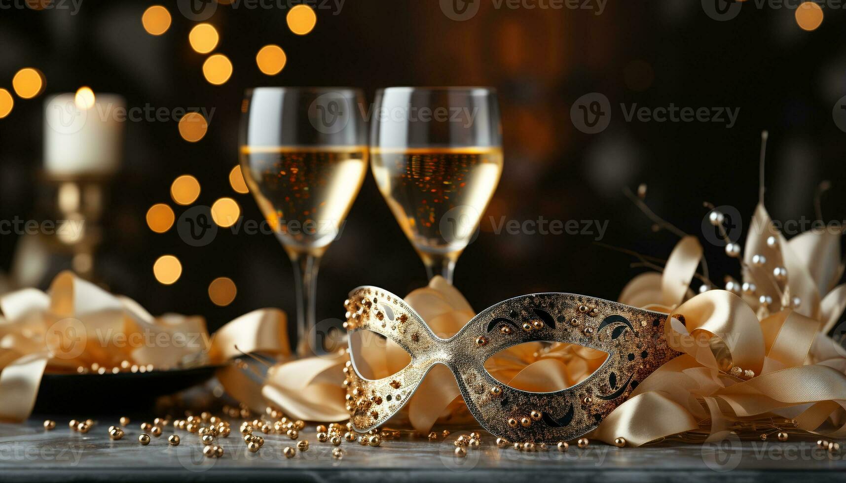 AI generated A glamorous celebration with champagne, confetti, and shiny decorations generated by AI photo