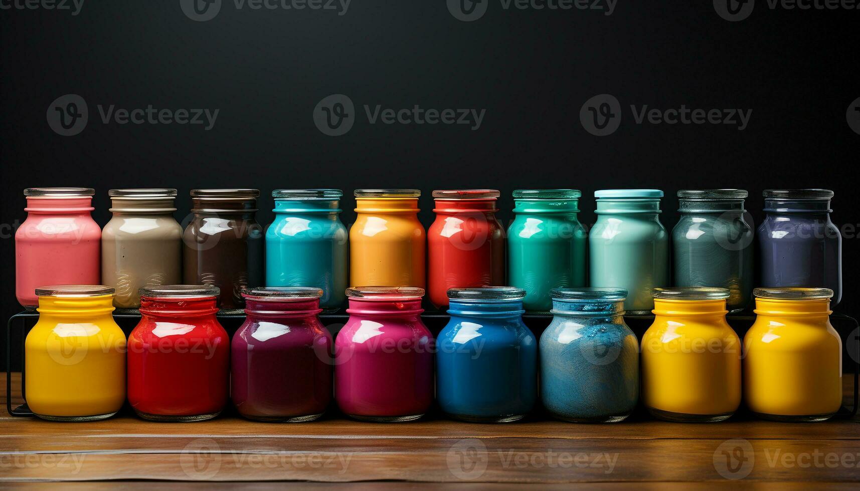 AI generated A vibrant collection of colorful bottles on a wooden table generated by AI photo
