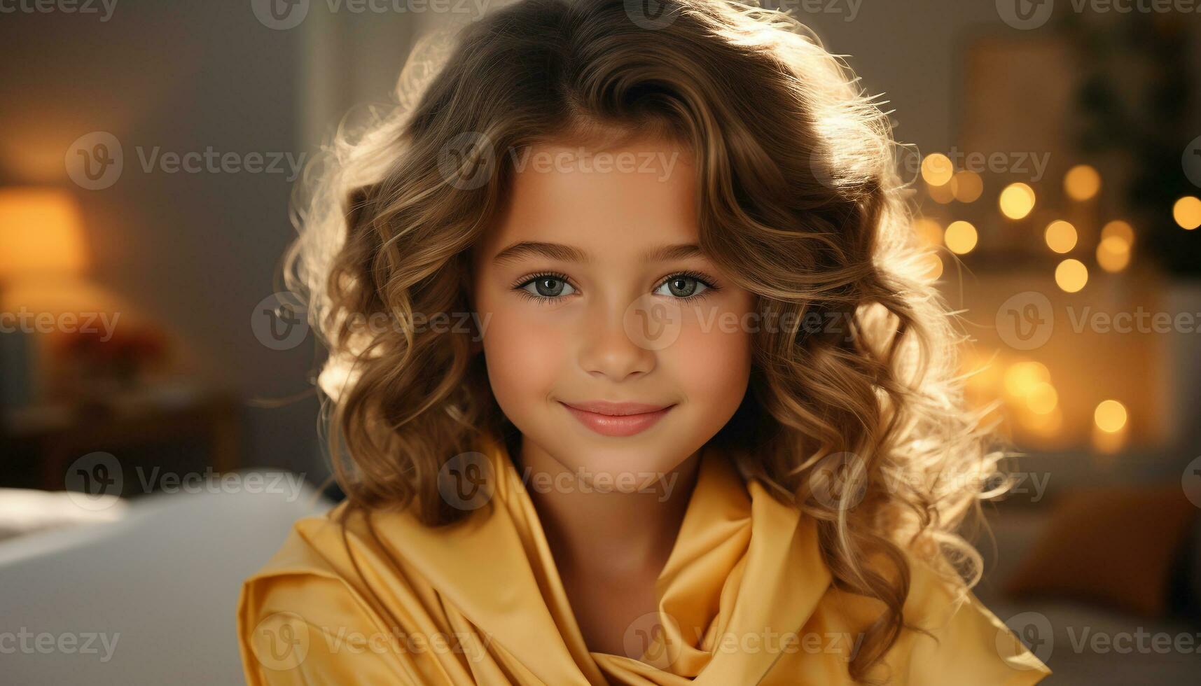 AI generated Smiling child, cute portrait, cheerful girl, indoors, looking at camera generated by AI photo