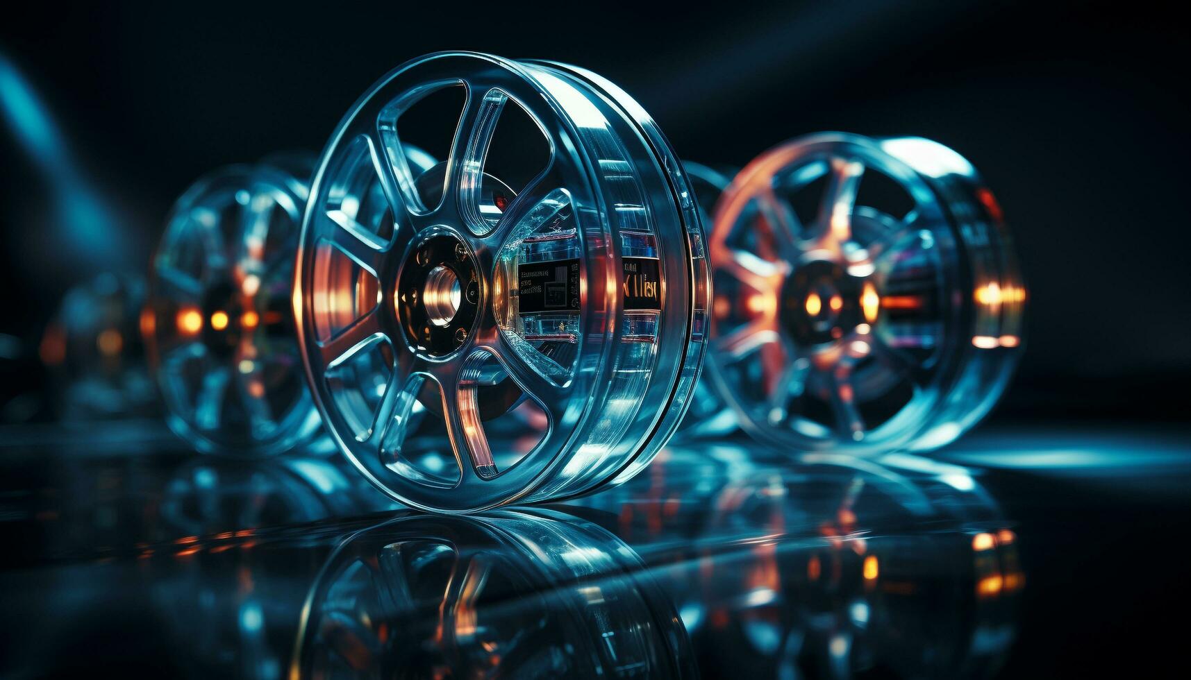 AI generated Shiny metal wheel reflects abstract film reel in motion generated by AI photo