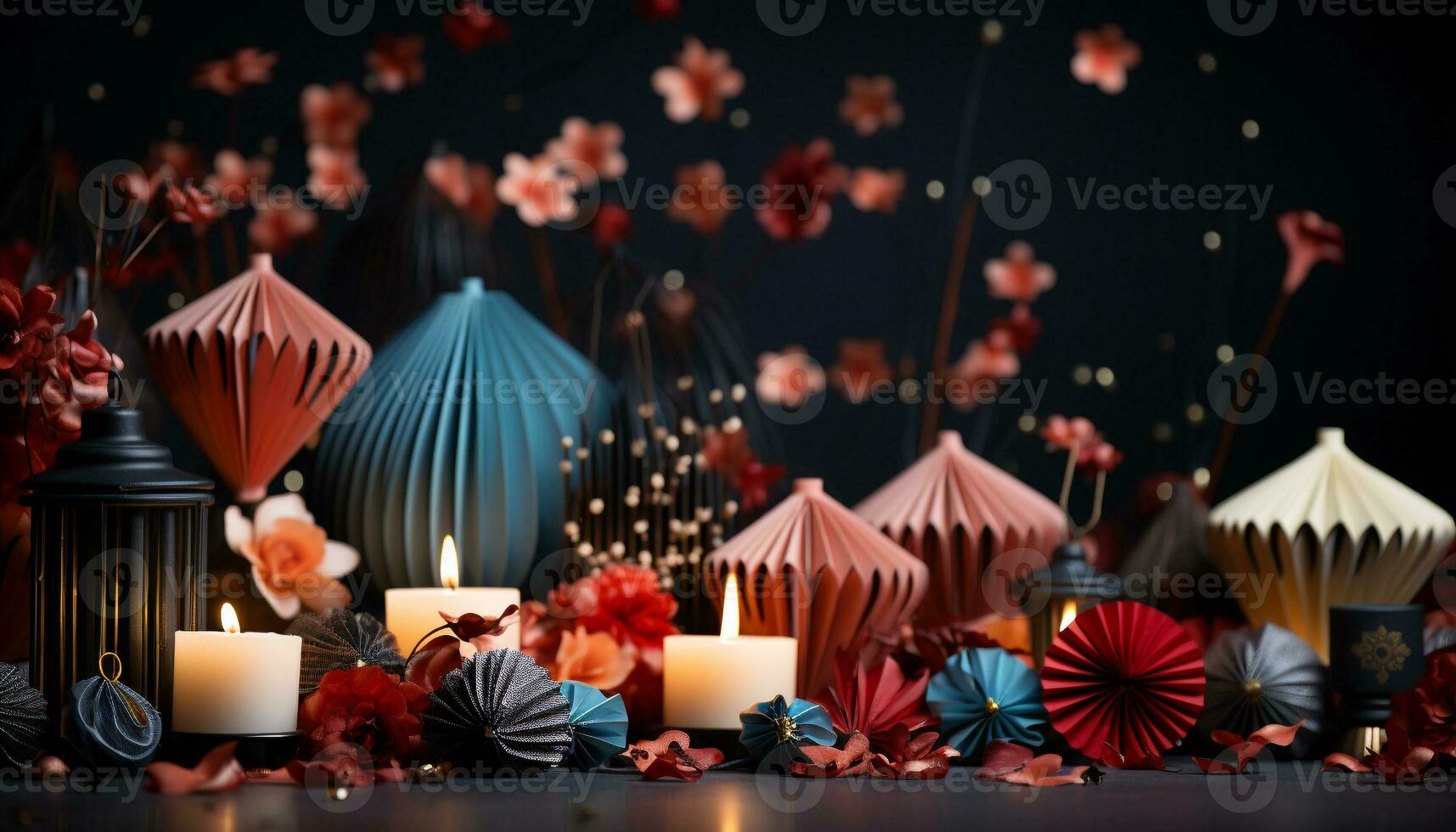 AI generated Celebration table candlelight, chocolate dessert, flower decoration, glowing candle generated by AI photo