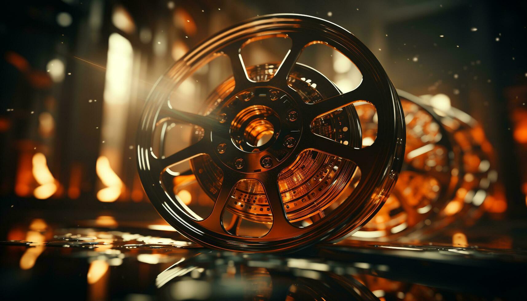 AI generated Metal machinery in factory creates fiery reflections, working with precision generated by AI photo
