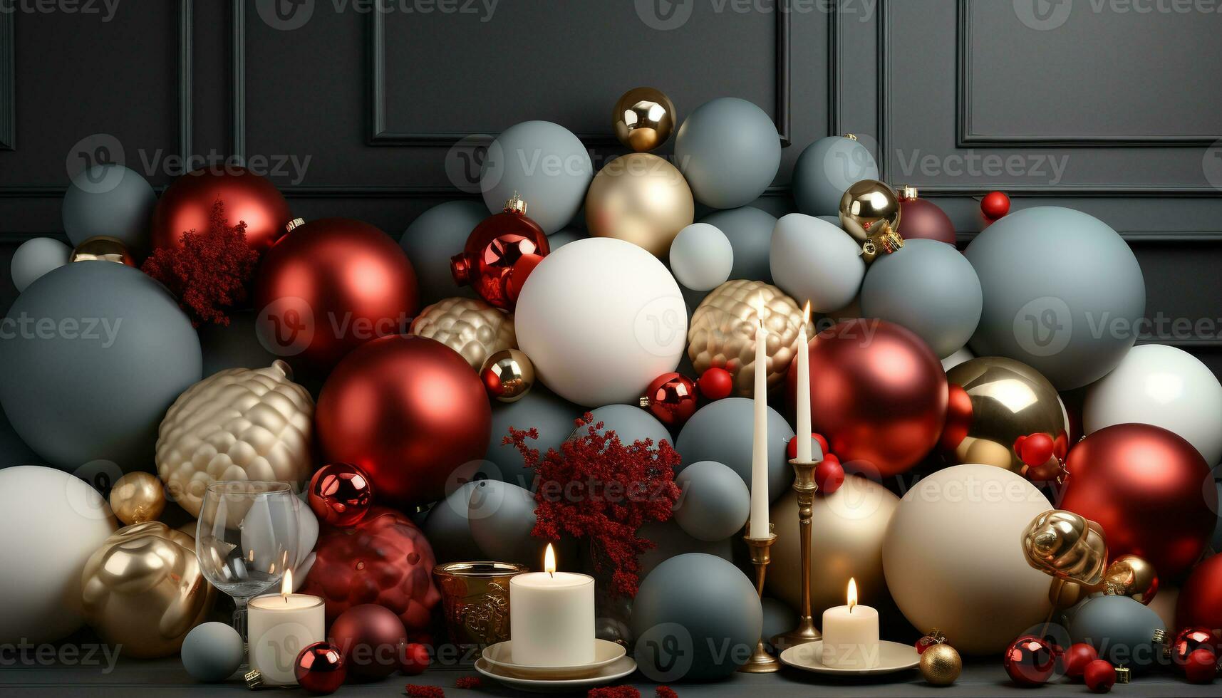 AI generated Winter celebration shiny Christmas ornament, gold gift, snow covered tree generated by AI photo