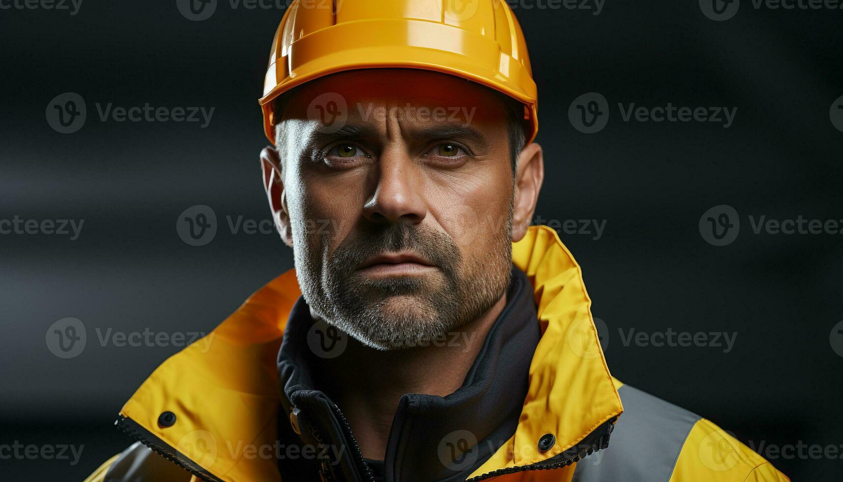 AI generated Confident young adult engineer in yellow hardhat at construction site generated by AI photo