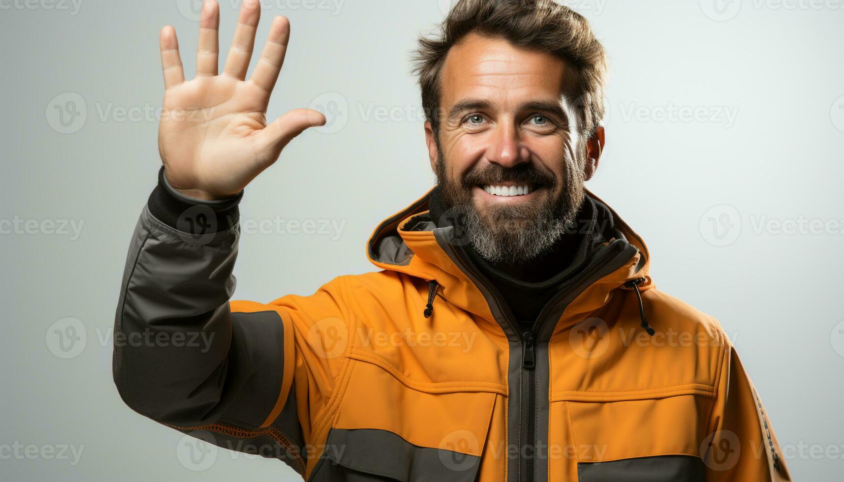 AI generated Smiling man in winter jacket, looking confident outdoors generated by AI photo