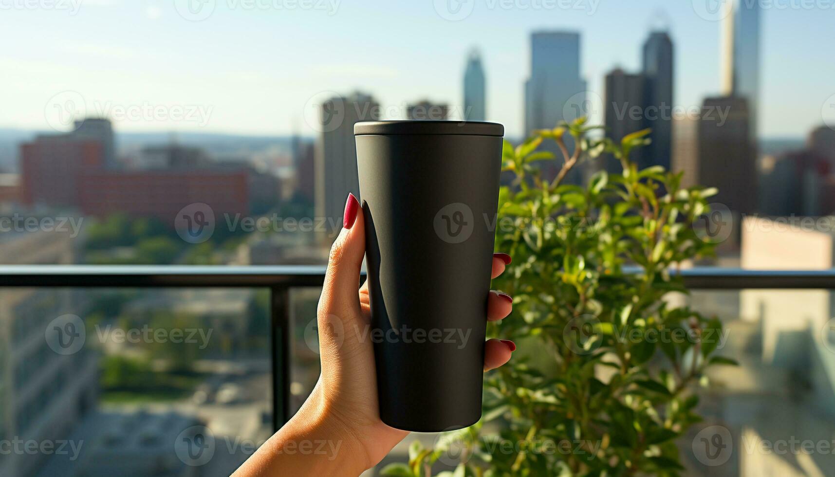 AI generated Businesswoman holding coffee cup, looking at cityscape through office window generated by AI photo