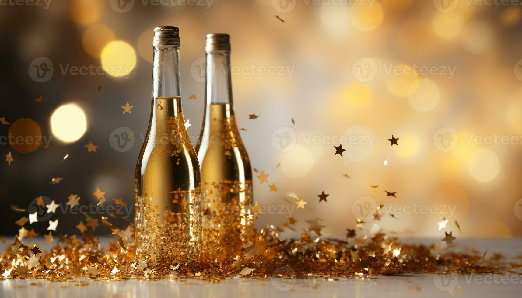 AI generated Golden celebration champagne bottle pops, confetti explodes, party glows generated by AI photo