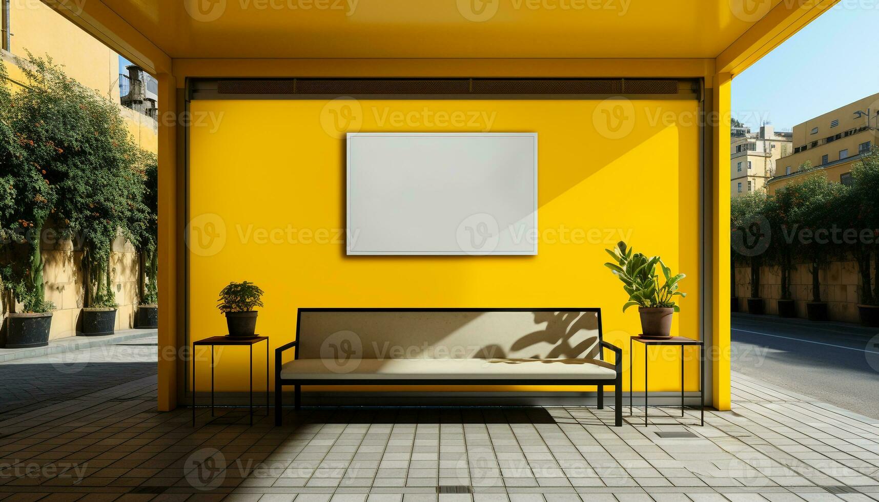 AI generated Modern design with yellow chair and blue armchair in empty room generated by AI photo