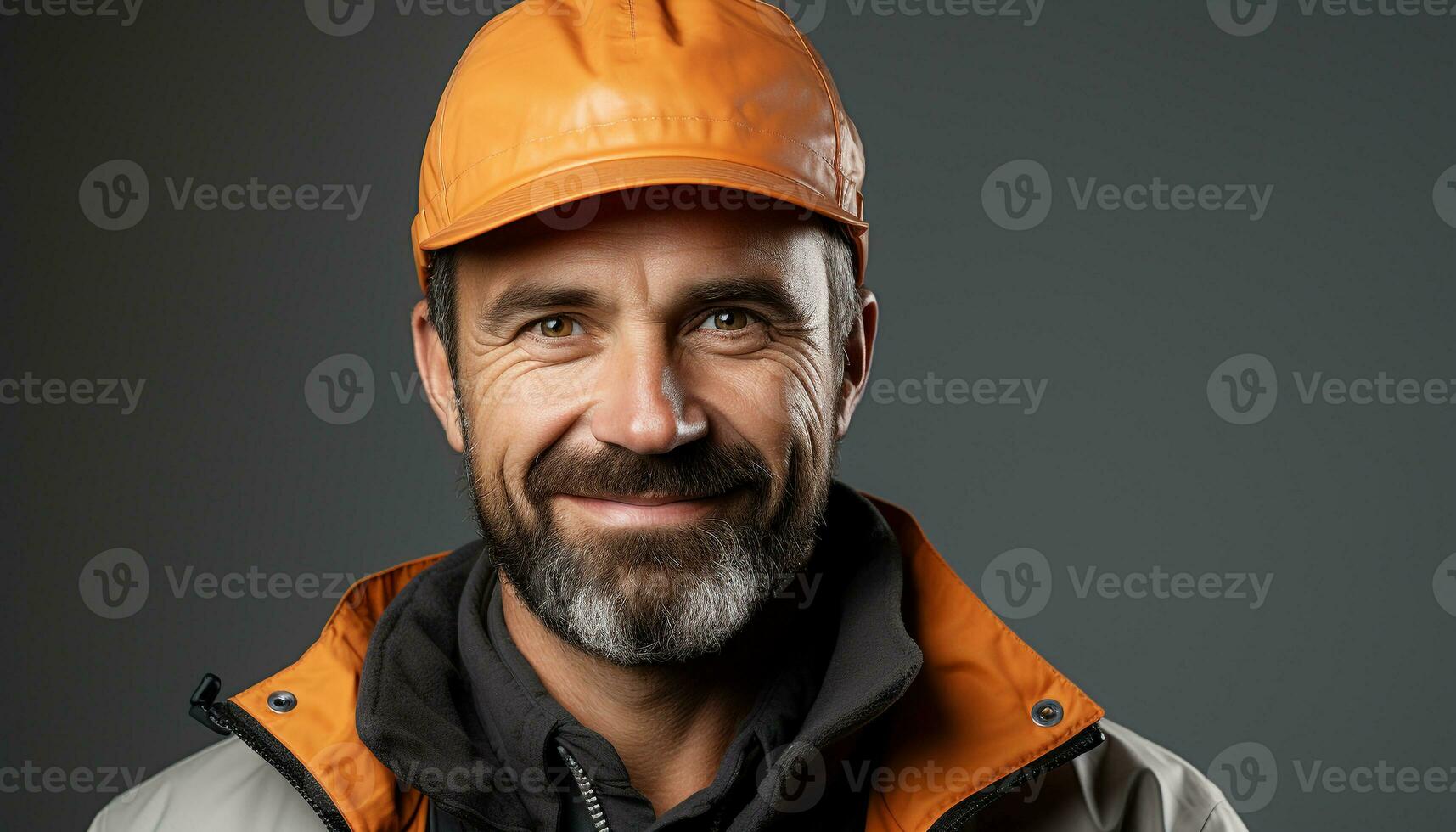 AI generated Confident engineer in hardhat, smiling, looking at camera, black background generated by AI photo